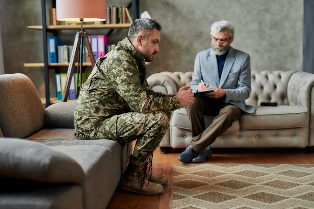 A veteran in talk therapy for his schizoaffective disorder diagnosed by mental health professionals to address severe symptoms